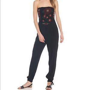 FREE PEOPLE Karan Strapless Smocked Gauze Black & Floral Jumpsuit XS